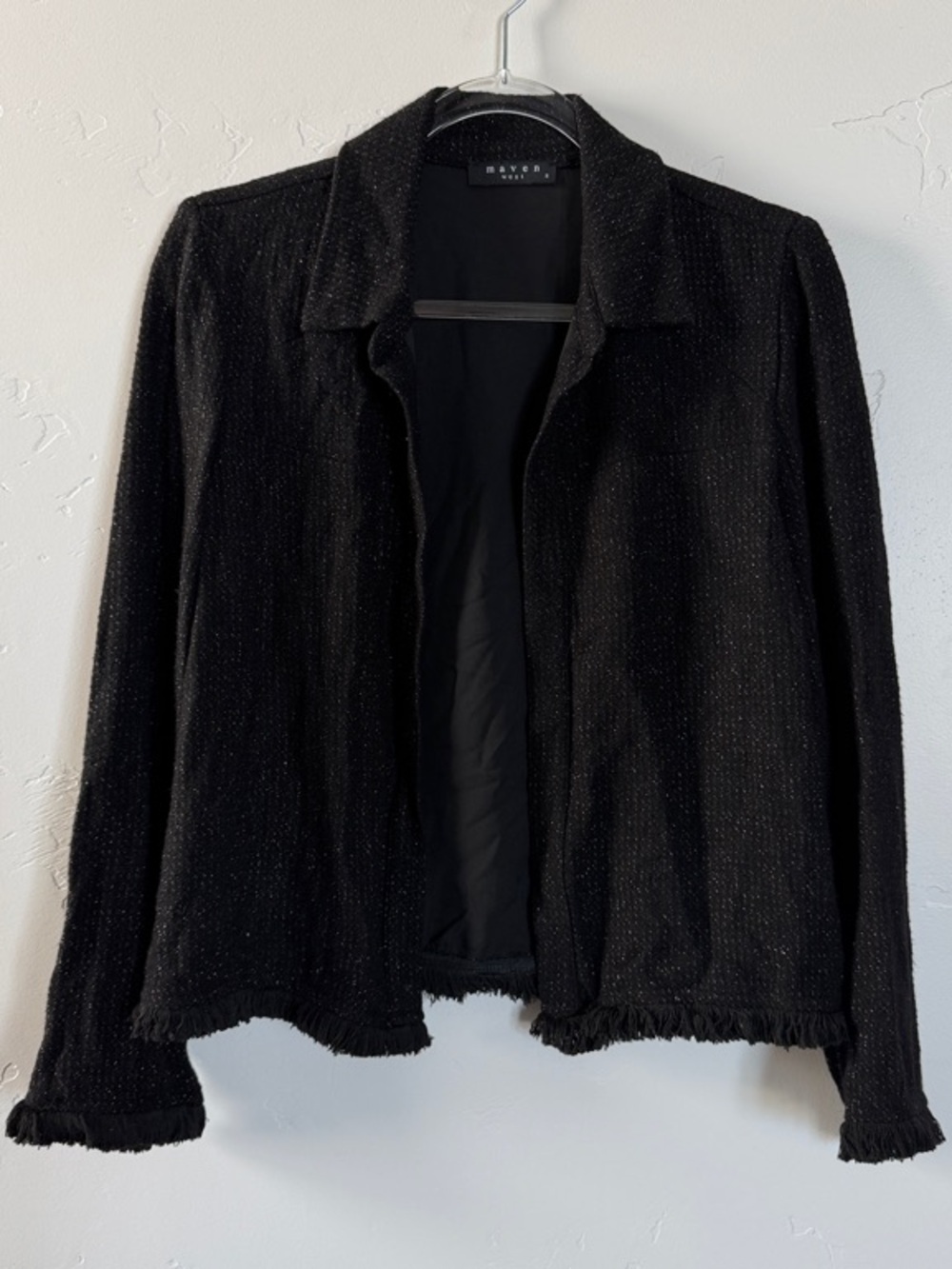 Maven West Black Open-Front Fringe Hem Blazer